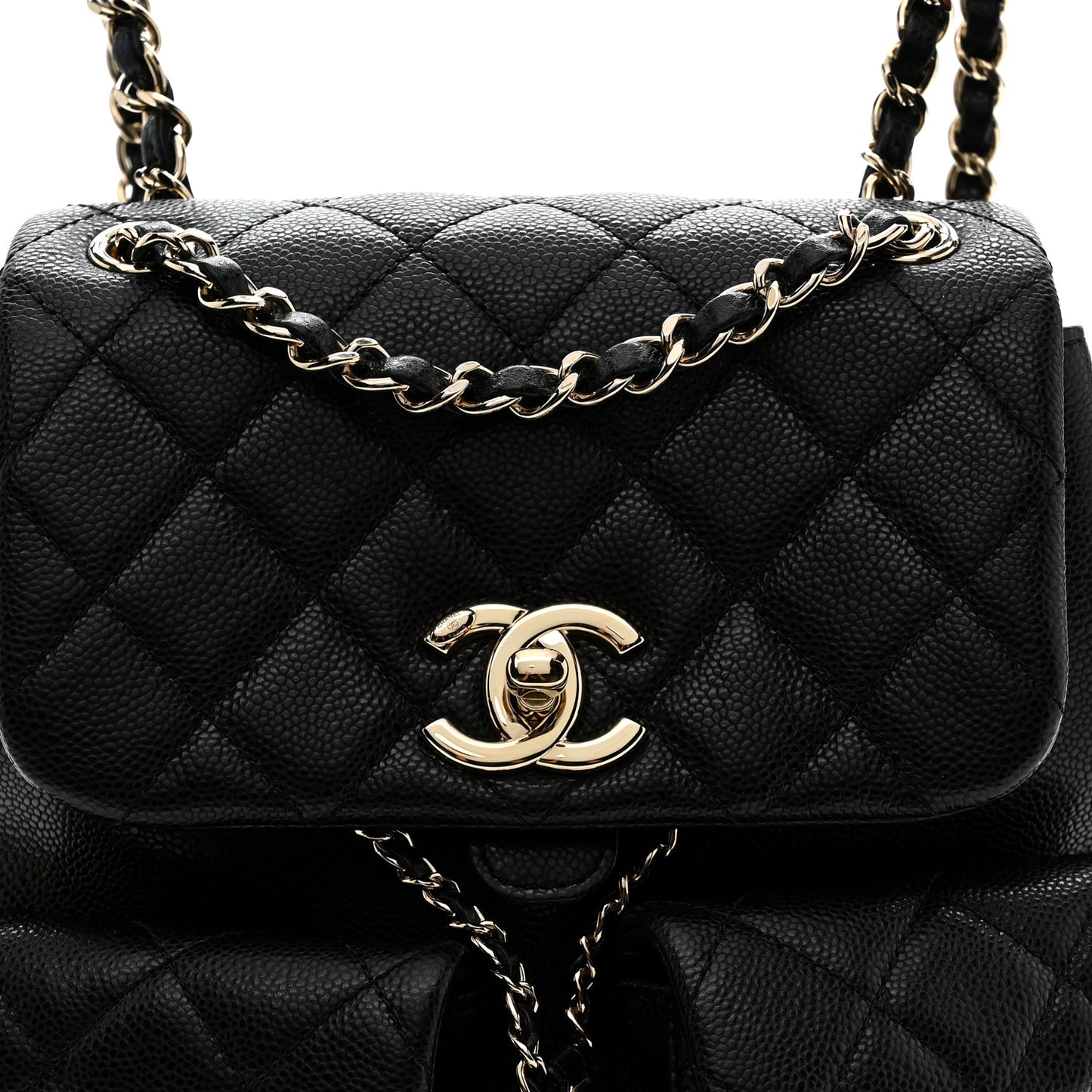 Shiny Caviar Quilted Medium Duma Pockets Drawstring Backpack Black