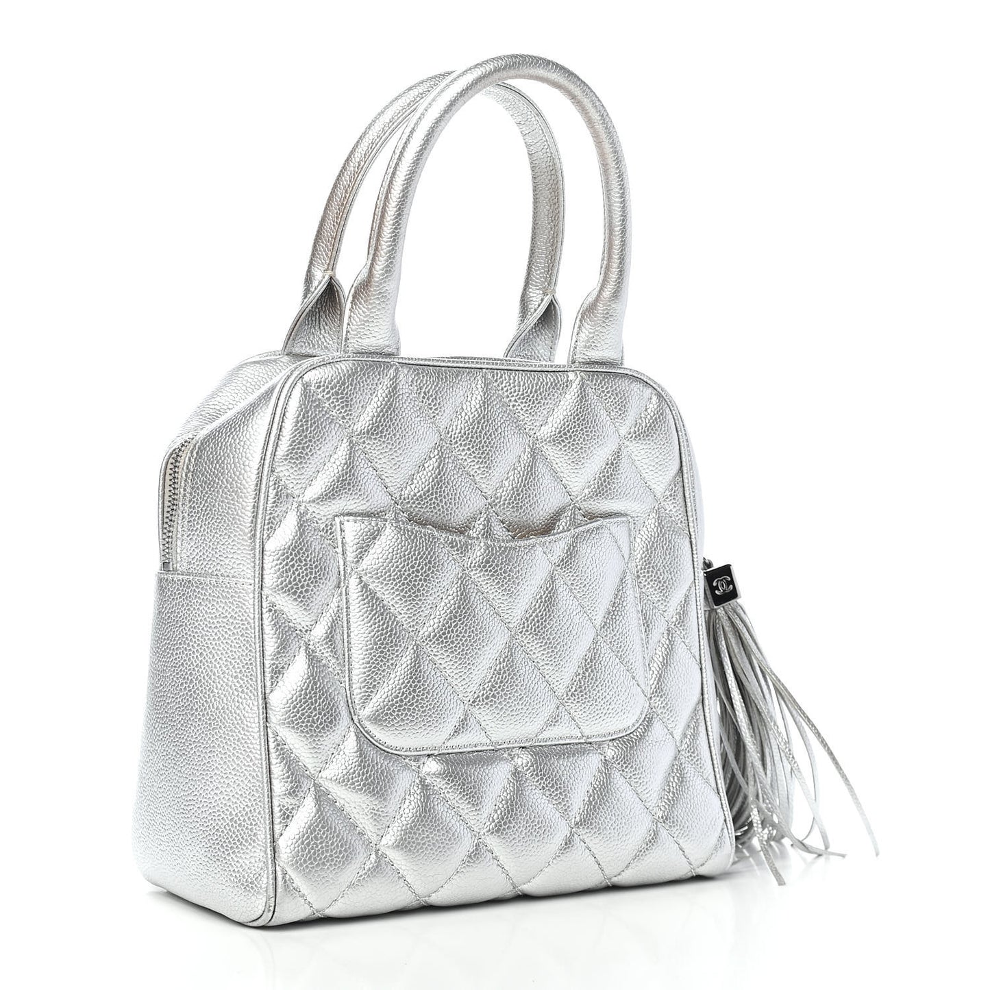 Metallic Caviar Quilted Vertical Bowler Silver