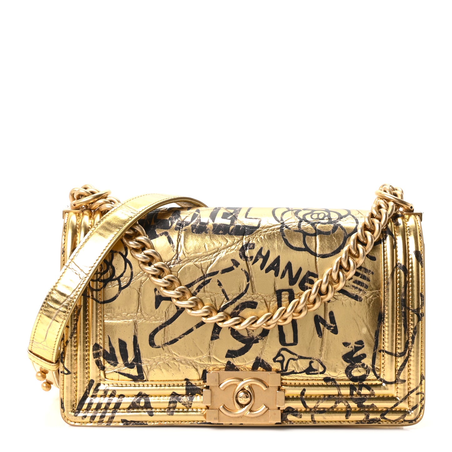 Metallic Calfskin Crocodile Embossed Graffiti Medium Cocodile Boy Flap Gold