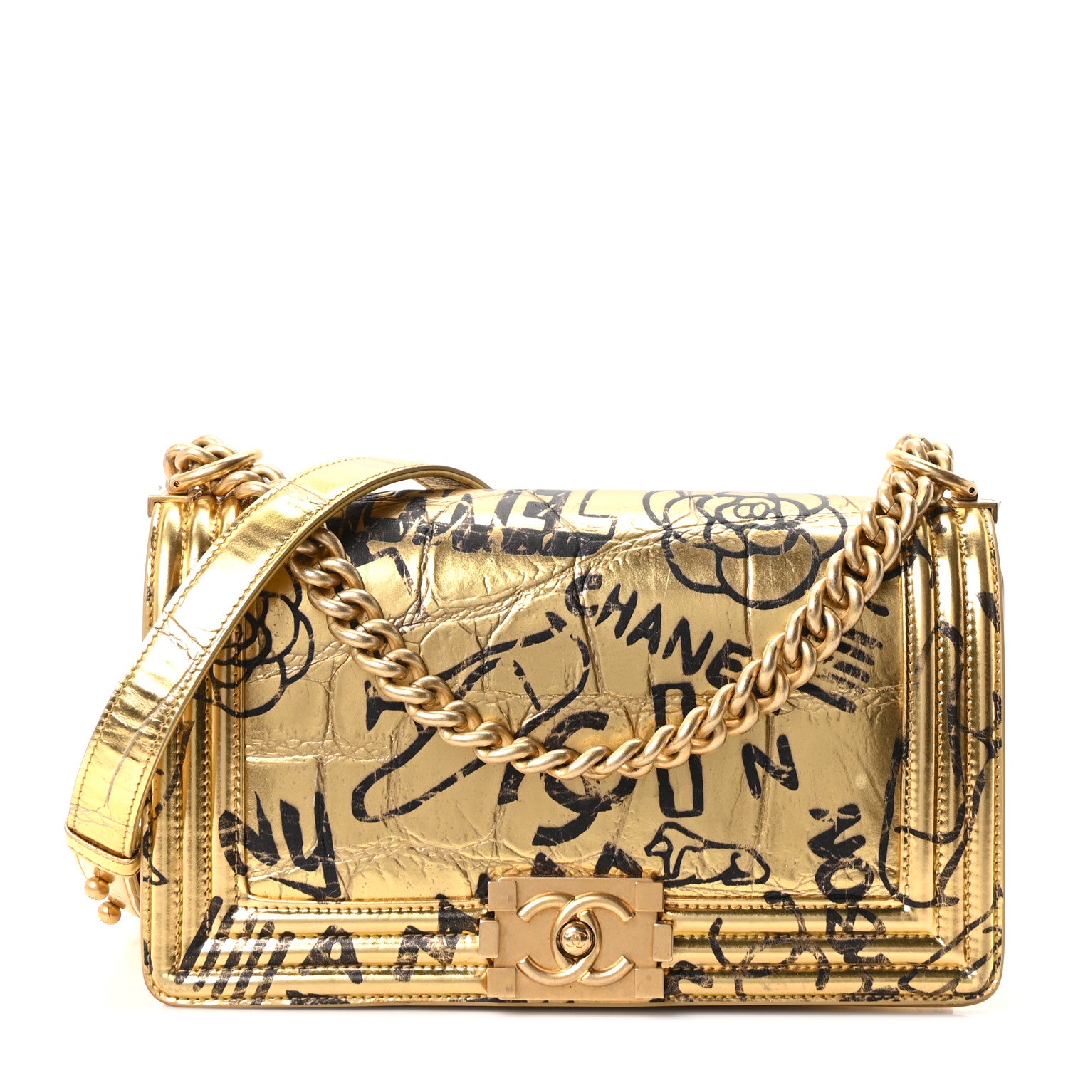 Chanel Metallic Calfskin Crocodile Embossed Graffiti Medium Cocodile Boy Flap Gold 1 of 10