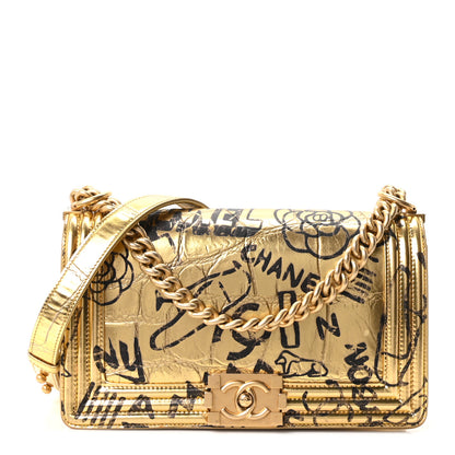 Chanel Metallic Calfskin Crocodile Embossed Graffiti Medium Cocodile Boy Flap Gold 1 of 10