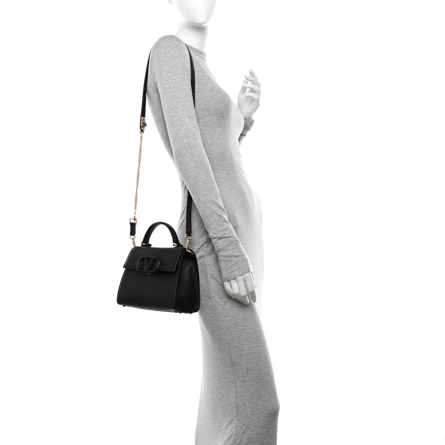 Grainy Calfskin Small VSling Top Handle Bag Black