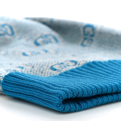 Gucci Wool Cotton GG Monogram Piquarfino Beanie Hat Petroleum Blue Ivory 7 of 8