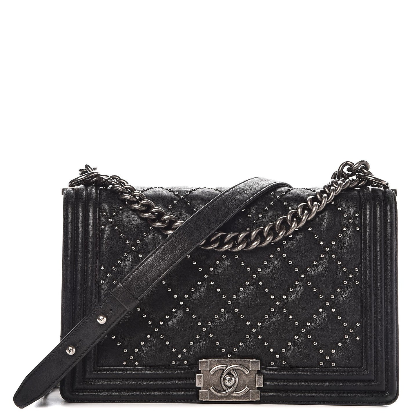 Crumpled Lambskin Medium Studded Boy Flap Black