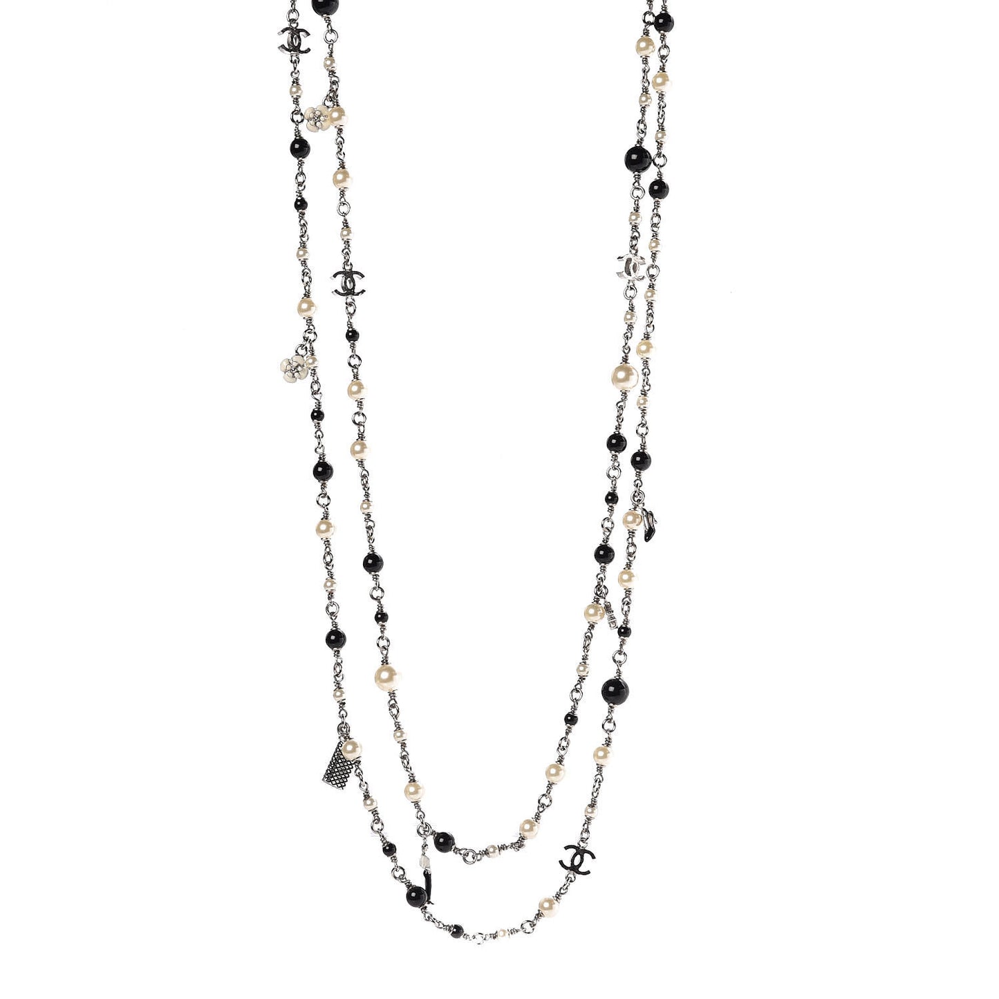 Pearl Beaded Enamel CC Coco Long Necklace Black Silver