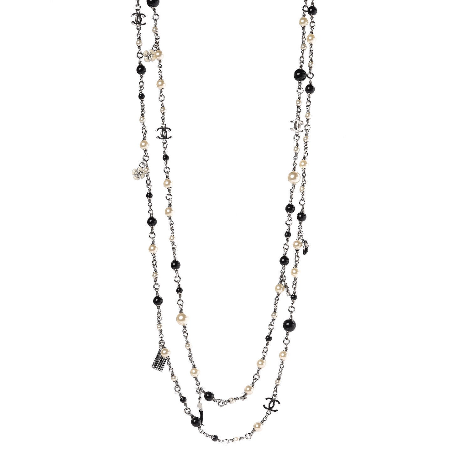 Chanel Pearl Beaded Enamel CC Coco Long Necklace Black Silver 1 of 10