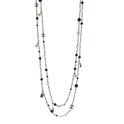 Chanel Pearl Beaded Enamel CC Coco Long Necklace Black Silver 1 of 10