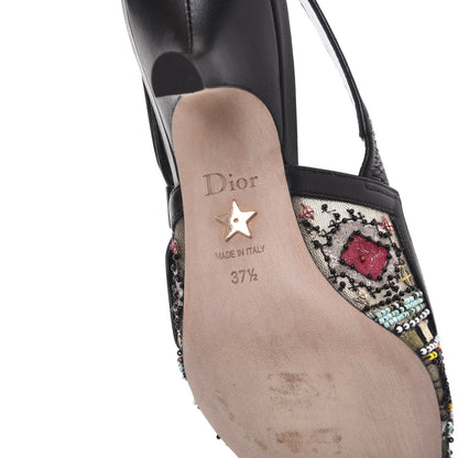 Christian Dior Calfskin Embroidered Beaded Sweet D Slingback Pumps 37.5 Black Turquoise 7 of 9