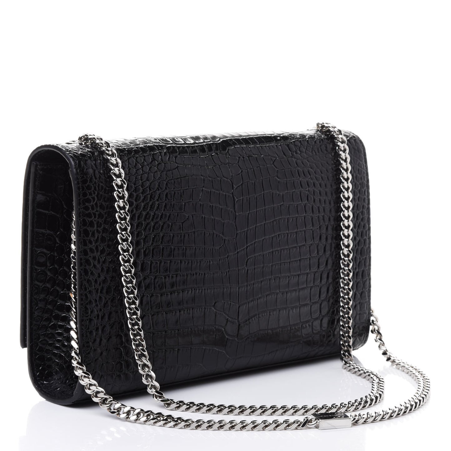 Calfskin Crocodile Embossed Medium Classic Monogram Kate Tassel Satchel Black