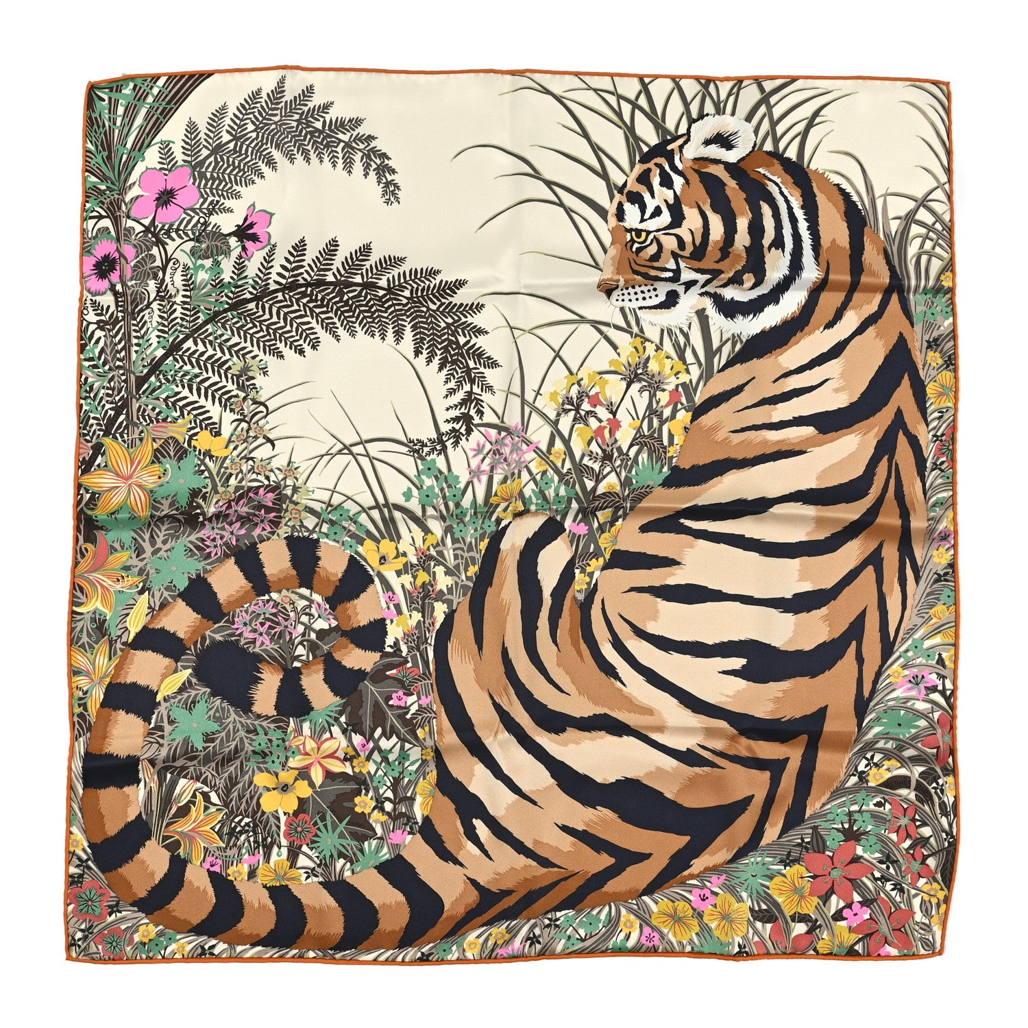 Hermes Silk Tyger Tyger Scarf 70 Beige Dore Orange Cuit Vert