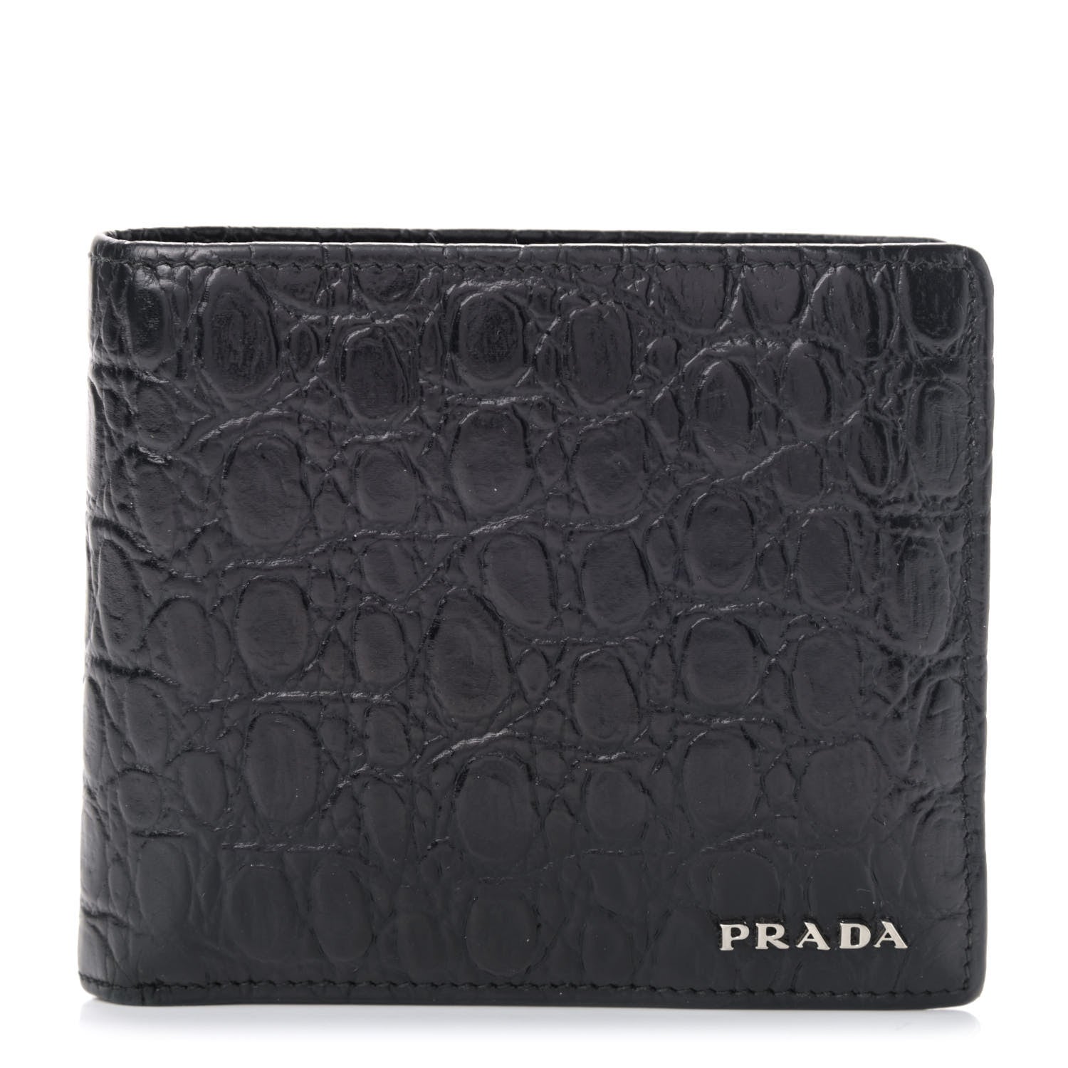 Prada Calfskin Crocodile Embossed Billfold Wallet Black 1 of 6