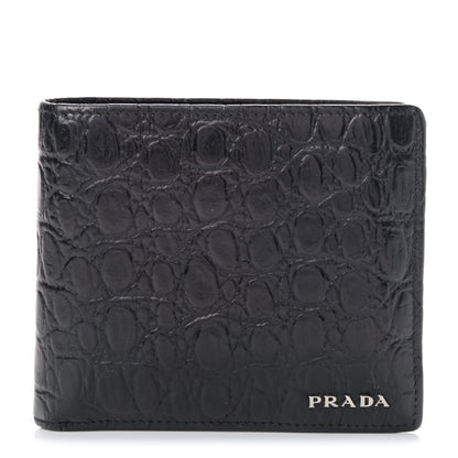 Prada Calfskin Crocodile Embossed Billfold Wallet Black 1 of 6