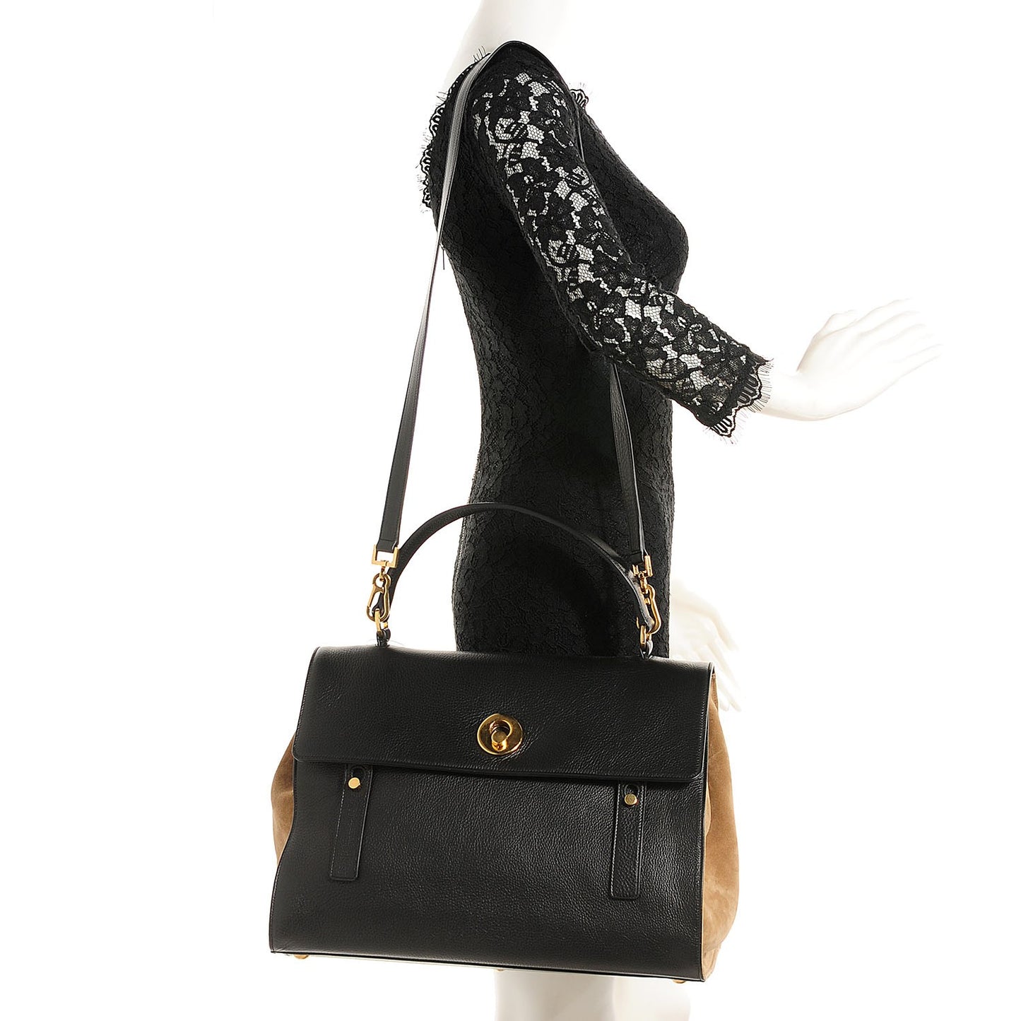 Calfskin Suede Large Muse Two Black Beige