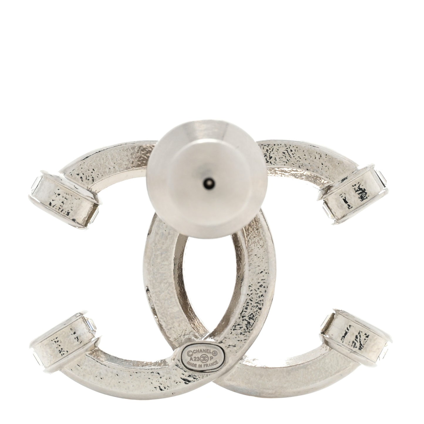 Metal Crystal Baguette CC Brooch Silver