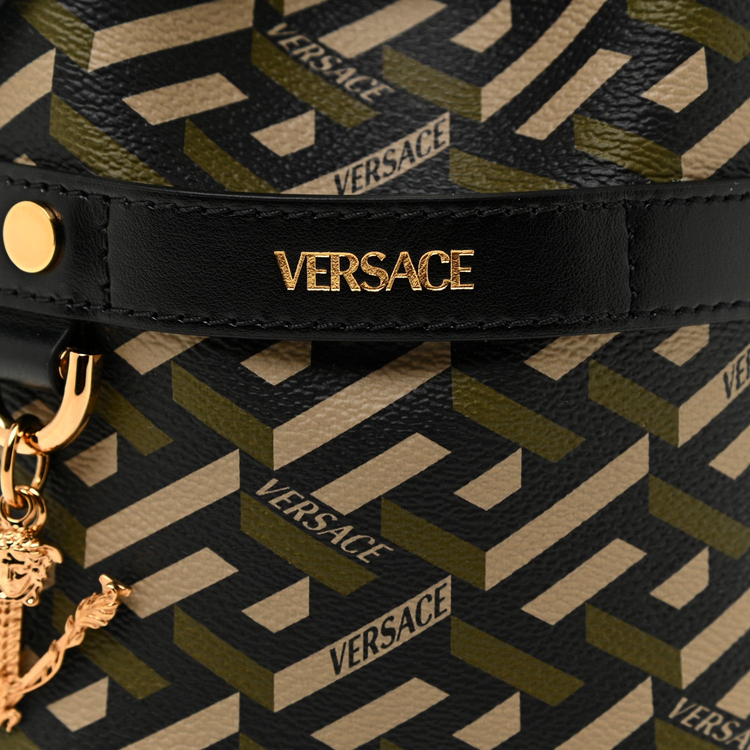 Versace Coated Canvas La Greca Mini Bucket Bag Black Green Beige 6 of 9