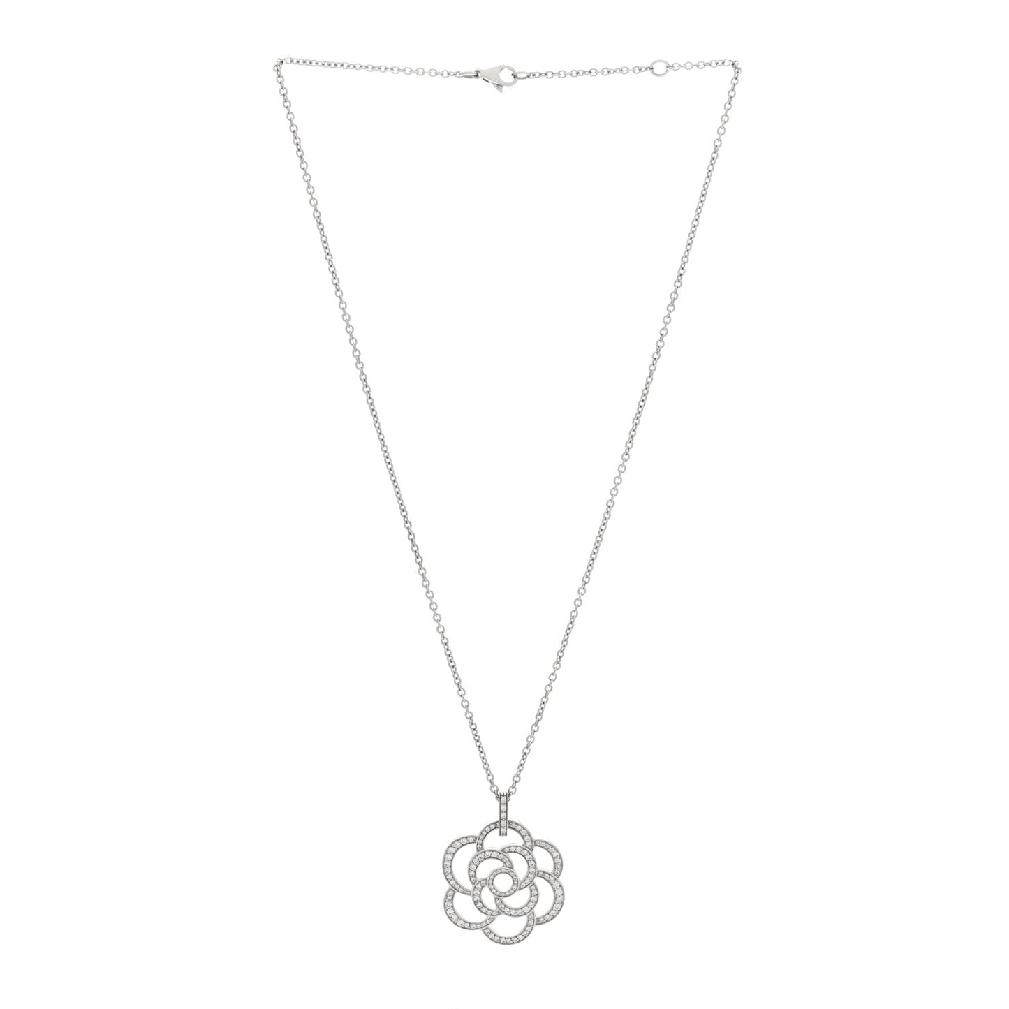 18K White Gold Diamond Camelia Ajoure Pendant Necklace