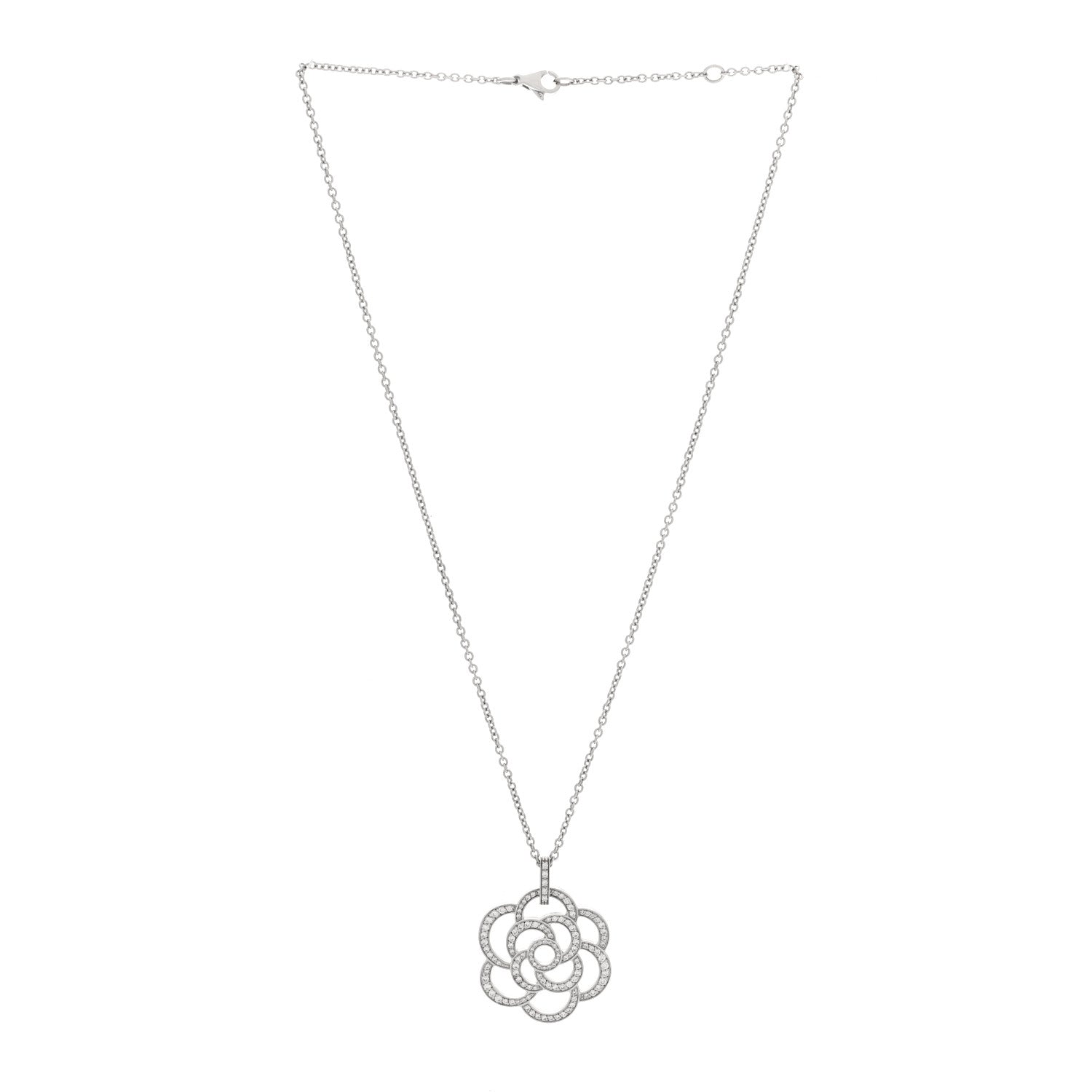 Chanel 18K White Gold Diamond Camelia Ajoure Pendant Necklace 3 of 5