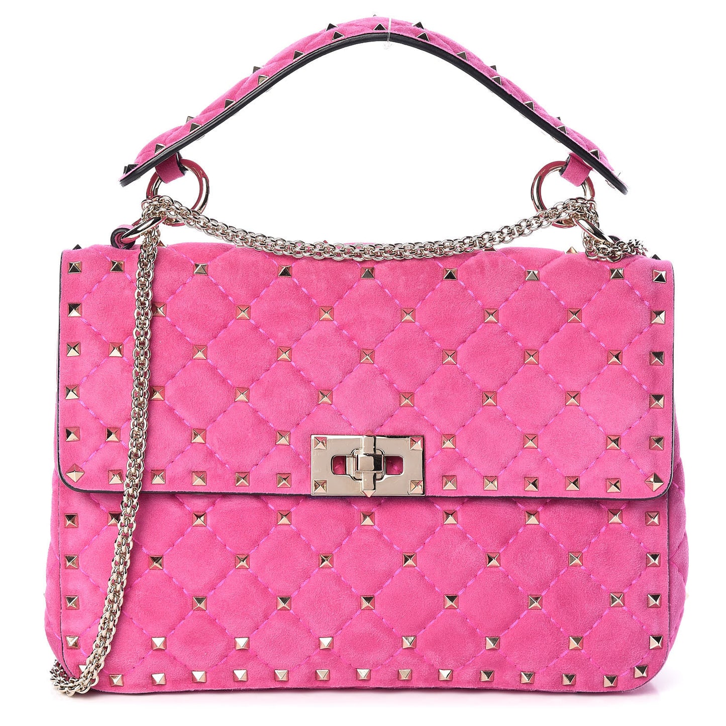 Suede Medium Rockstud Spike Shoulder Bag Bright Fuxia