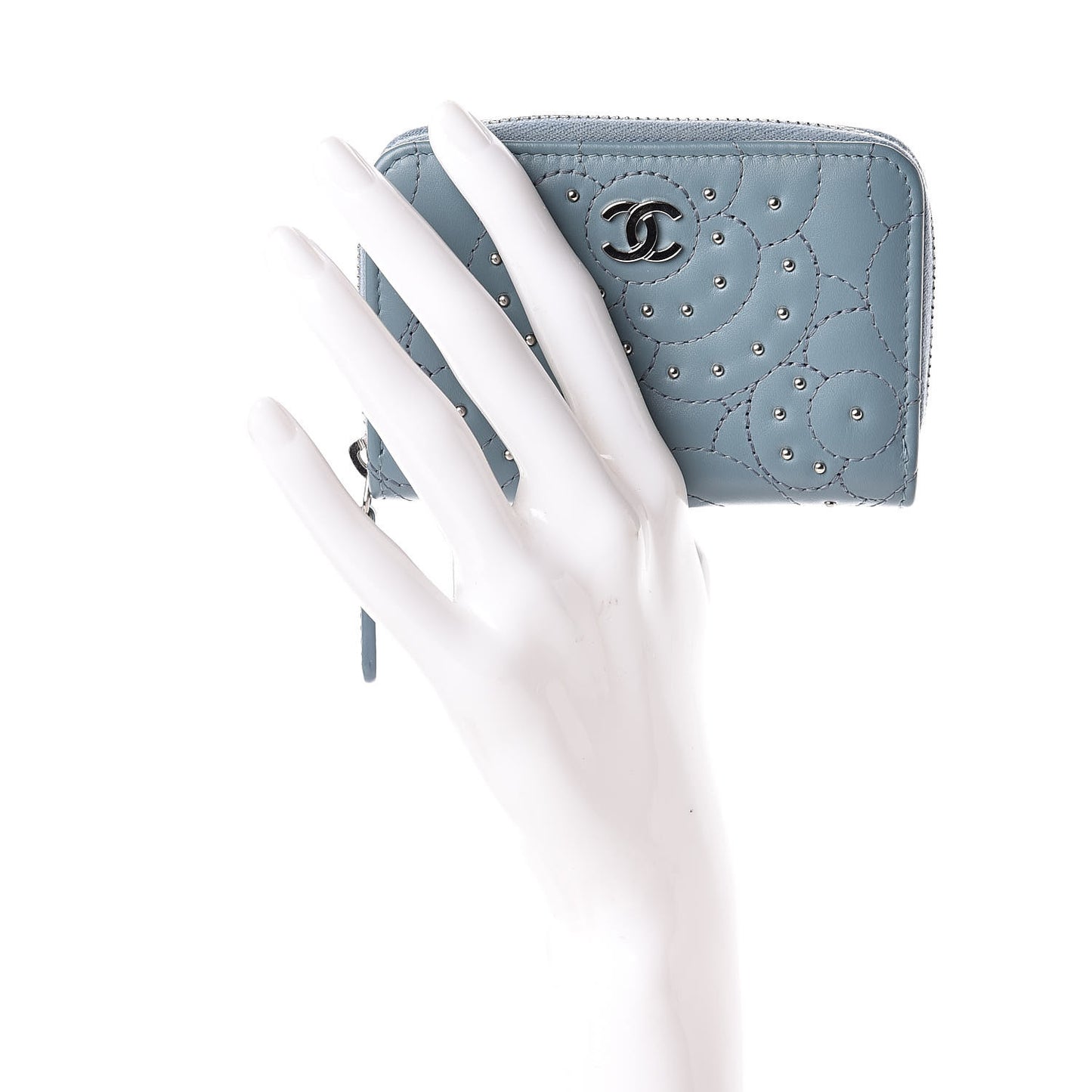 Lambskin Camellia Embossed Studded Zip Coin Purse Blue