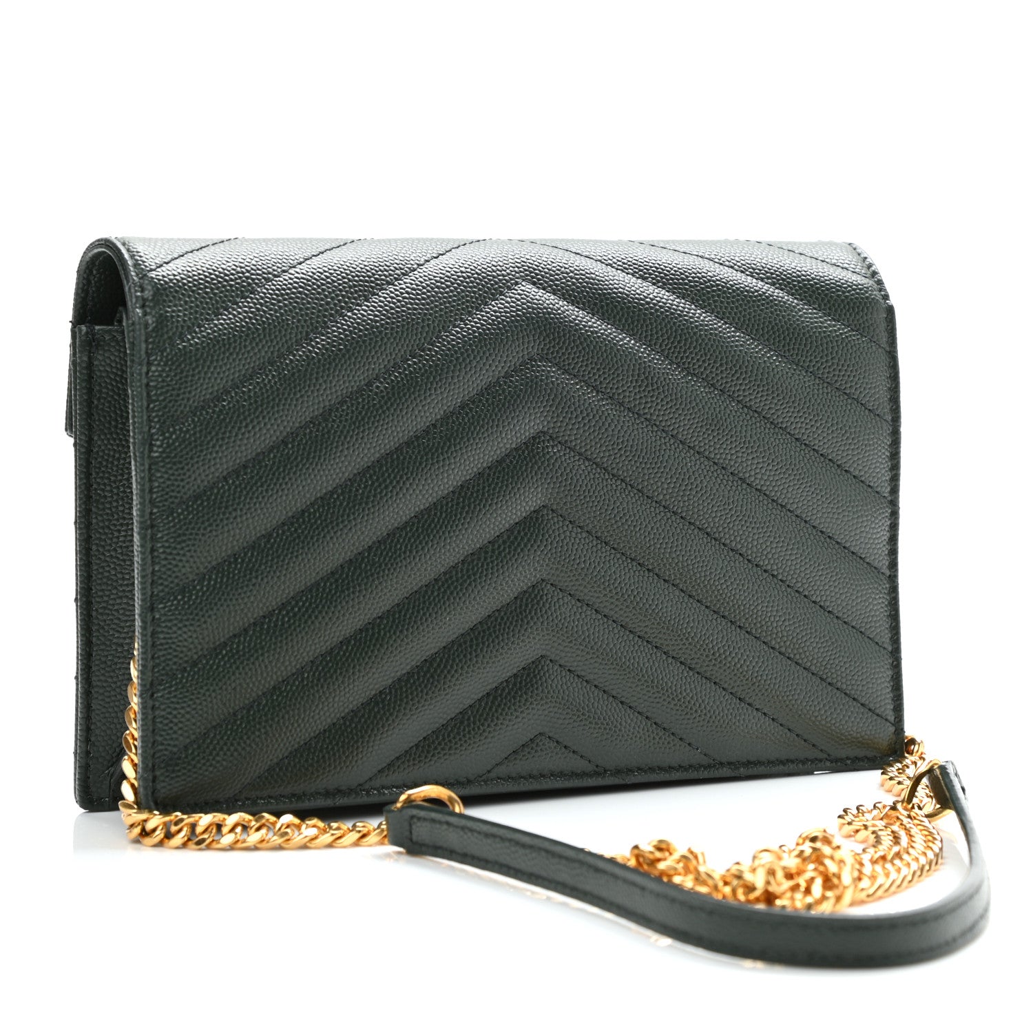Saint Laurent Grain De Poudre Matelasse Chevron Monogram Envelope Chain Wallet Dark Green 3 of 10