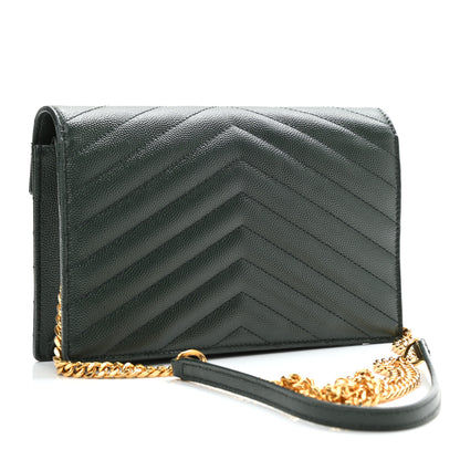 Saint Laurent Grain De Poudre Matelasse Chevron Monogram Envelope Chain Wallet Dark Green 3 of 10