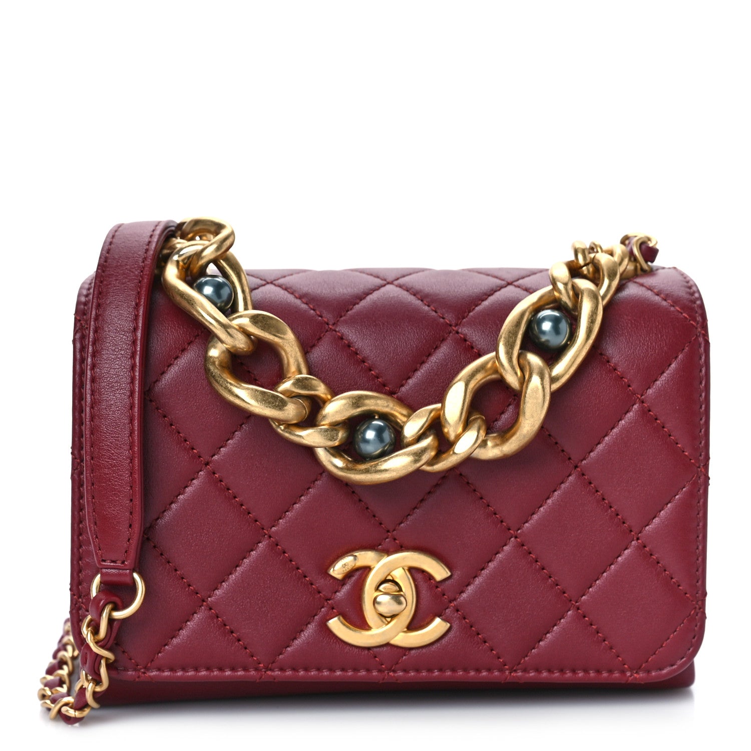 Chanel Calfskin Quilted Pearl Jewel Chain Flap Red 1 of 9