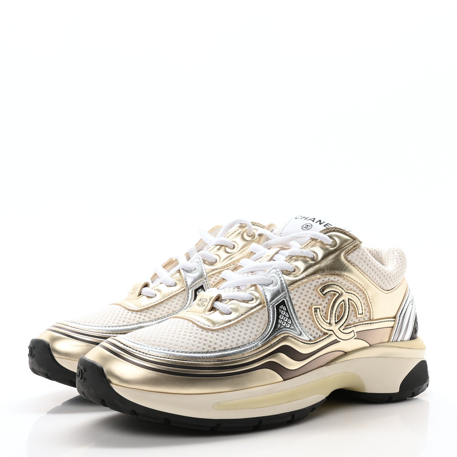 Chanel Fabric Laminated Calfskin Stretch CC Womens Sneakers 37.5 White Gold Silver 4 of 9