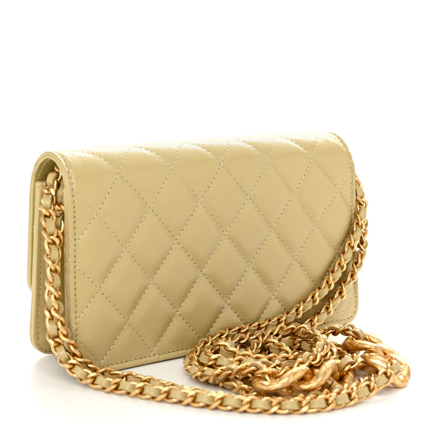 Caviar Quilted Chain Link Clutch With Chain Light Green