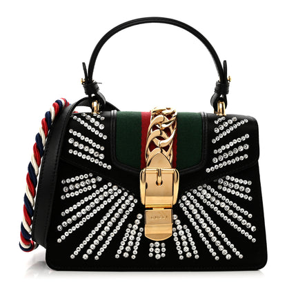 Gucci Satin Crystal Mini Sylvie Top Handle Bag Black 1 of 11
