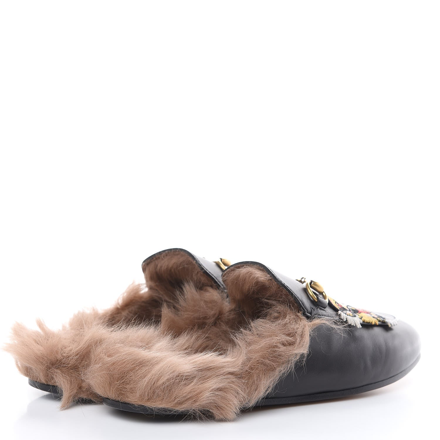 Gucci Calfskin Lambswool Tiger Embroidered Womens Princetown Slippers 37.5 Black 4 of 9