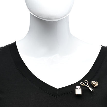Chanel Metal Strass Crystal Quilted CC Heart Scissors Perfume Brooch Set Gold 2 of 4