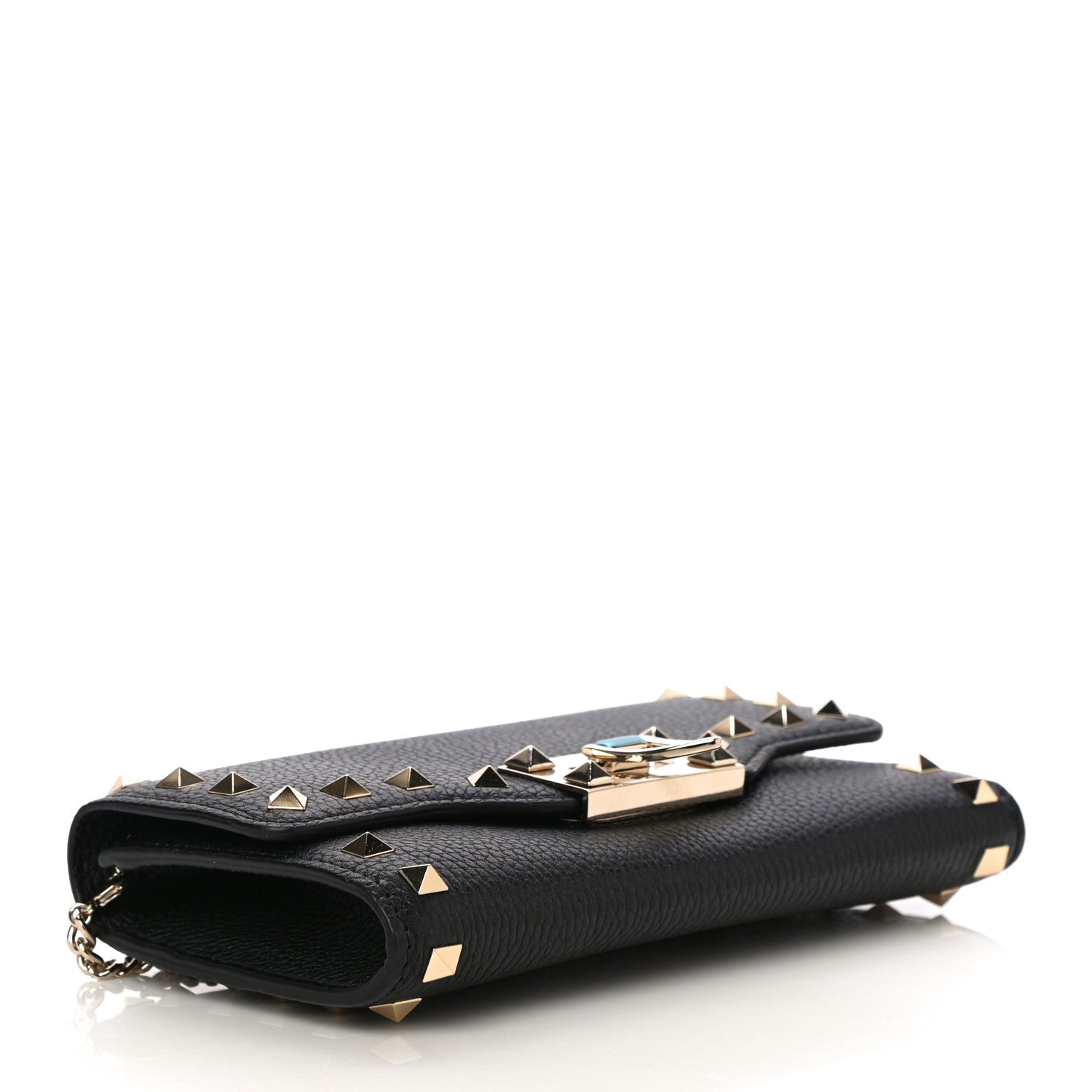Valentino Garavani Pebbled Calfskin Rockstud Flip Lock Wallet On Chain Black 3 of 9