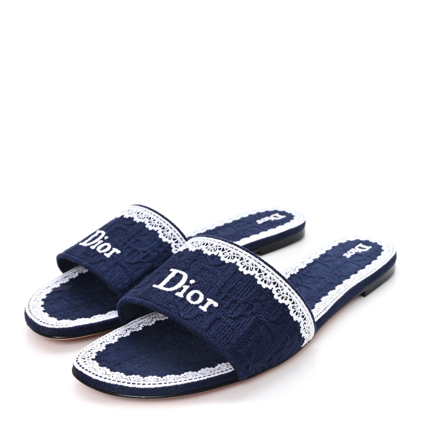 Oblique Embroidered Cotton Lace Dentelle Flat Slide Sandals 39 Navy Blue White
