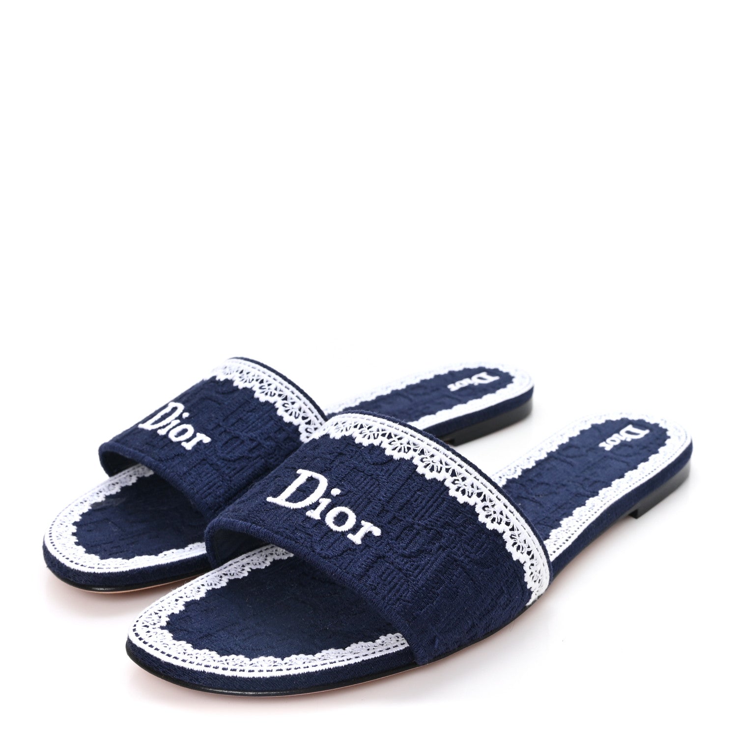 Christian Dior Oblique Embroidered Cotton Lace Dentelle Flat Slide Sandals 39 Navy Blue White 4 of 10