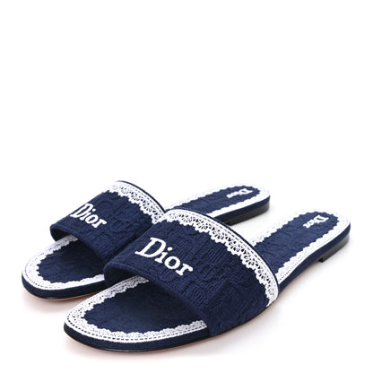 Christian Dior Oblique Embroidered Cotton Lace Dentelle Flat Slide Sandals 39 Navy Blue White 4 of 10