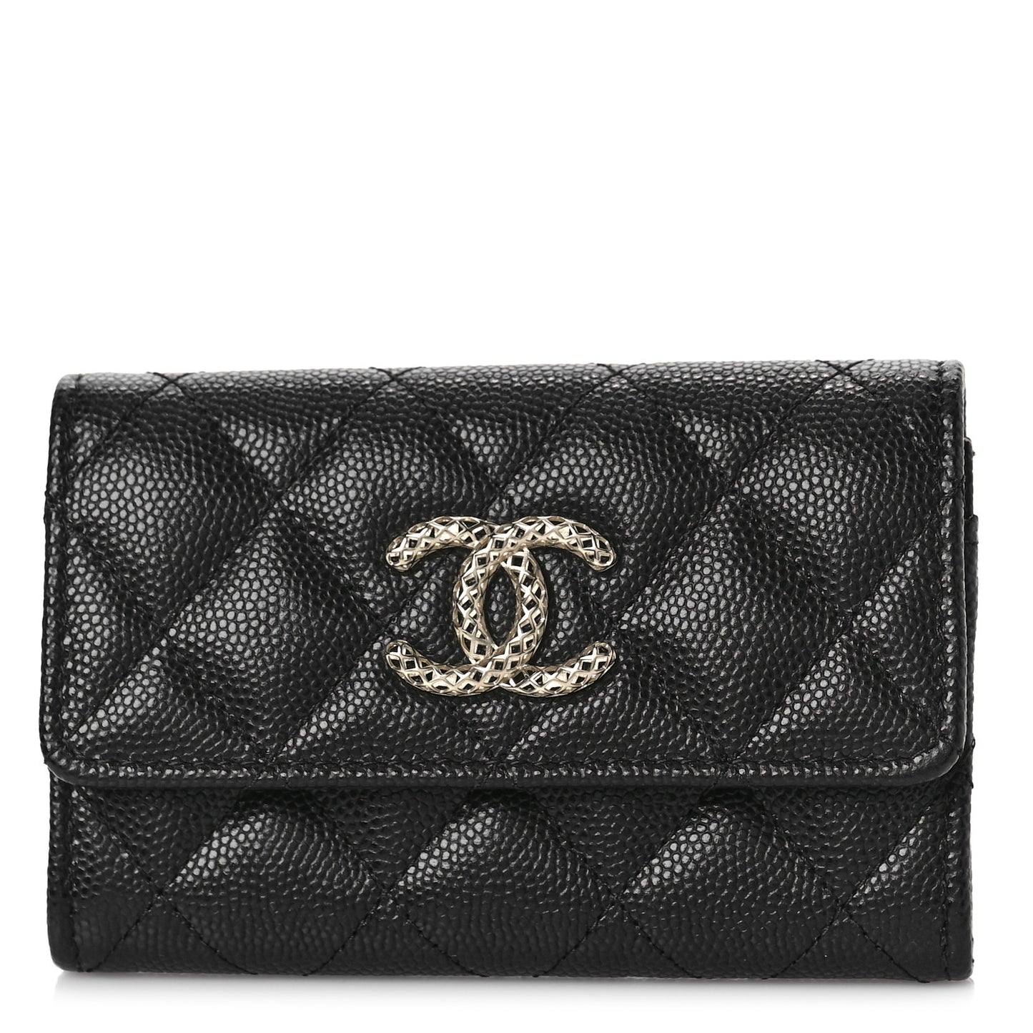Caviar Metal Perforated Quilted CC Flap Card Holder Black