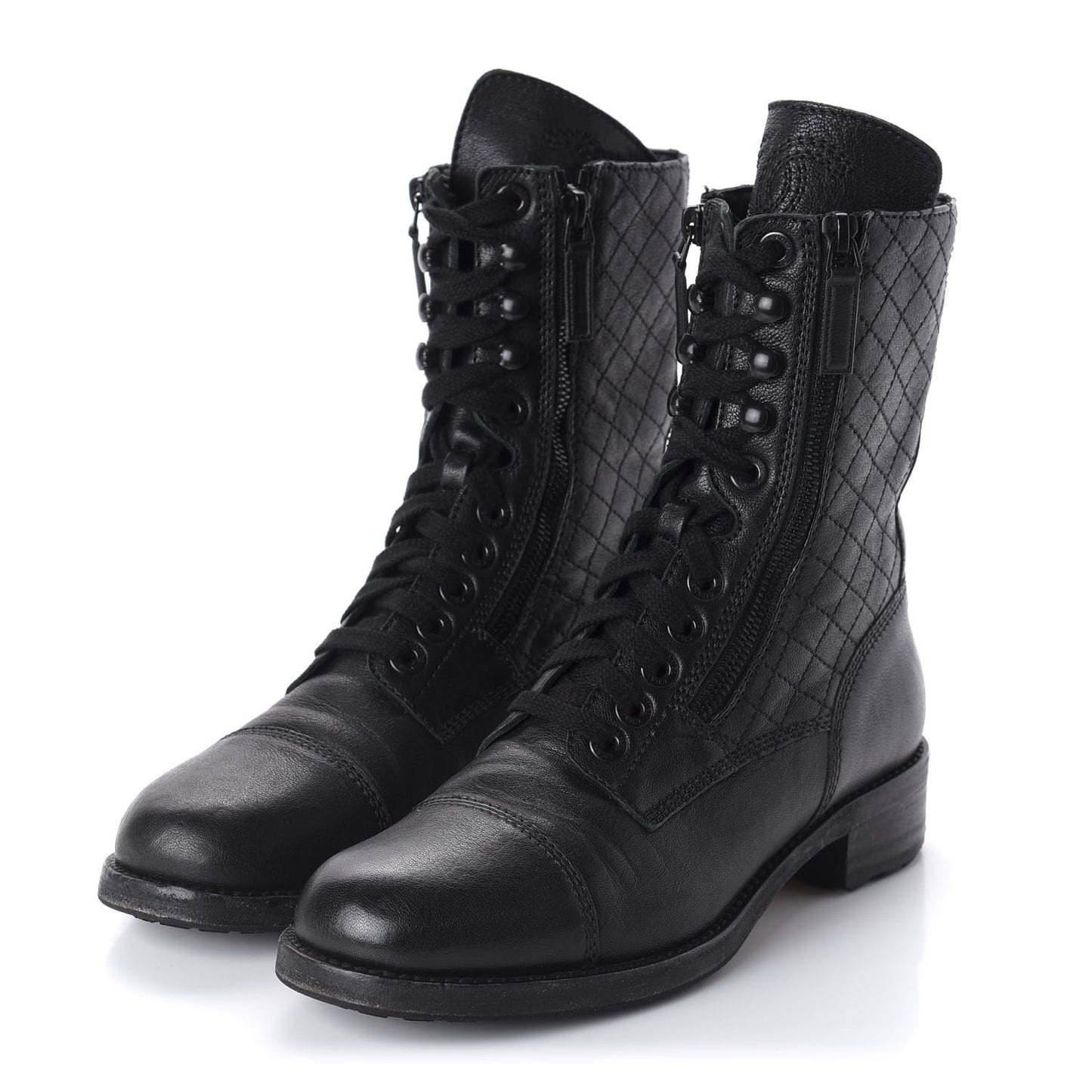 Calfskin Quilted Lace Up Combat Boots 39 Black