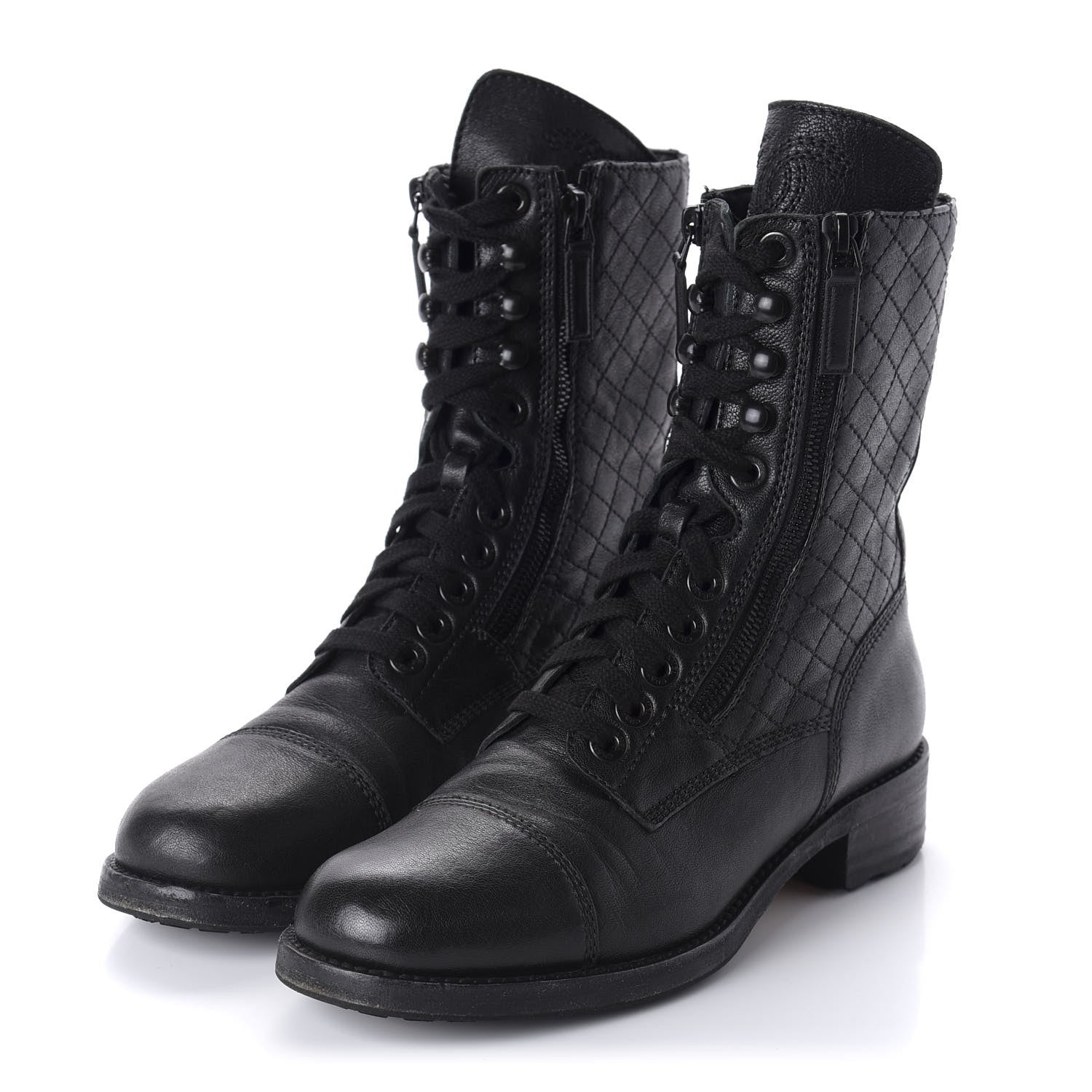 Chanel Calfskin Quilted Lace Up Combat Boots 39 Black 3 of 7
