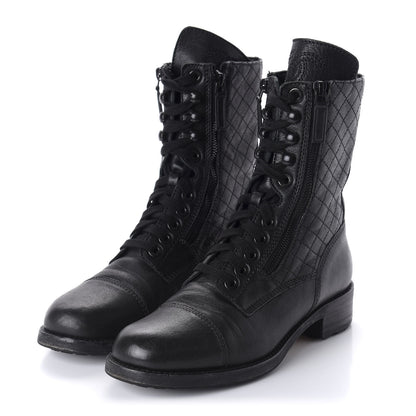 Chanel Calfskin Quilted Lace Up Combat Boots 39 Black 3 of 7