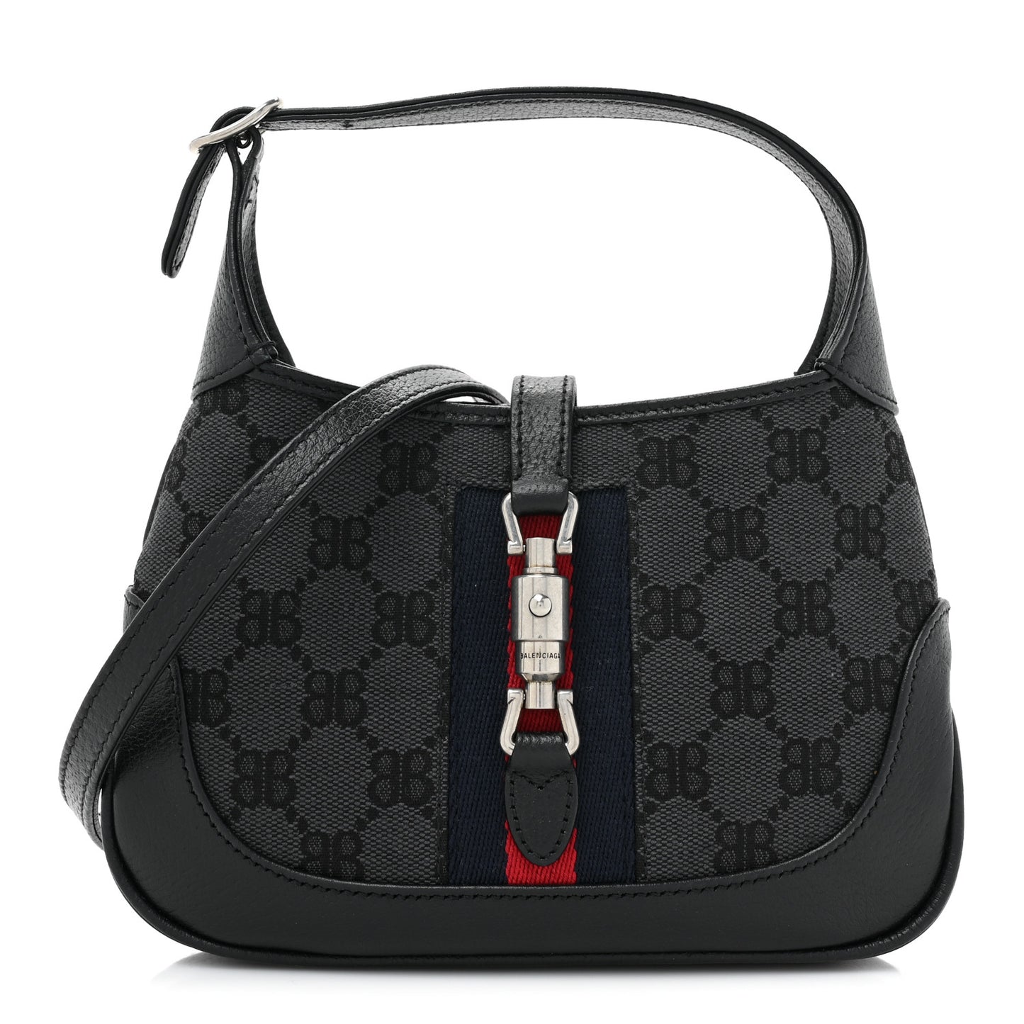 X BALENCIAGA BB Monogram Calfskin Web Mini Jackie 1961 Hobo Black