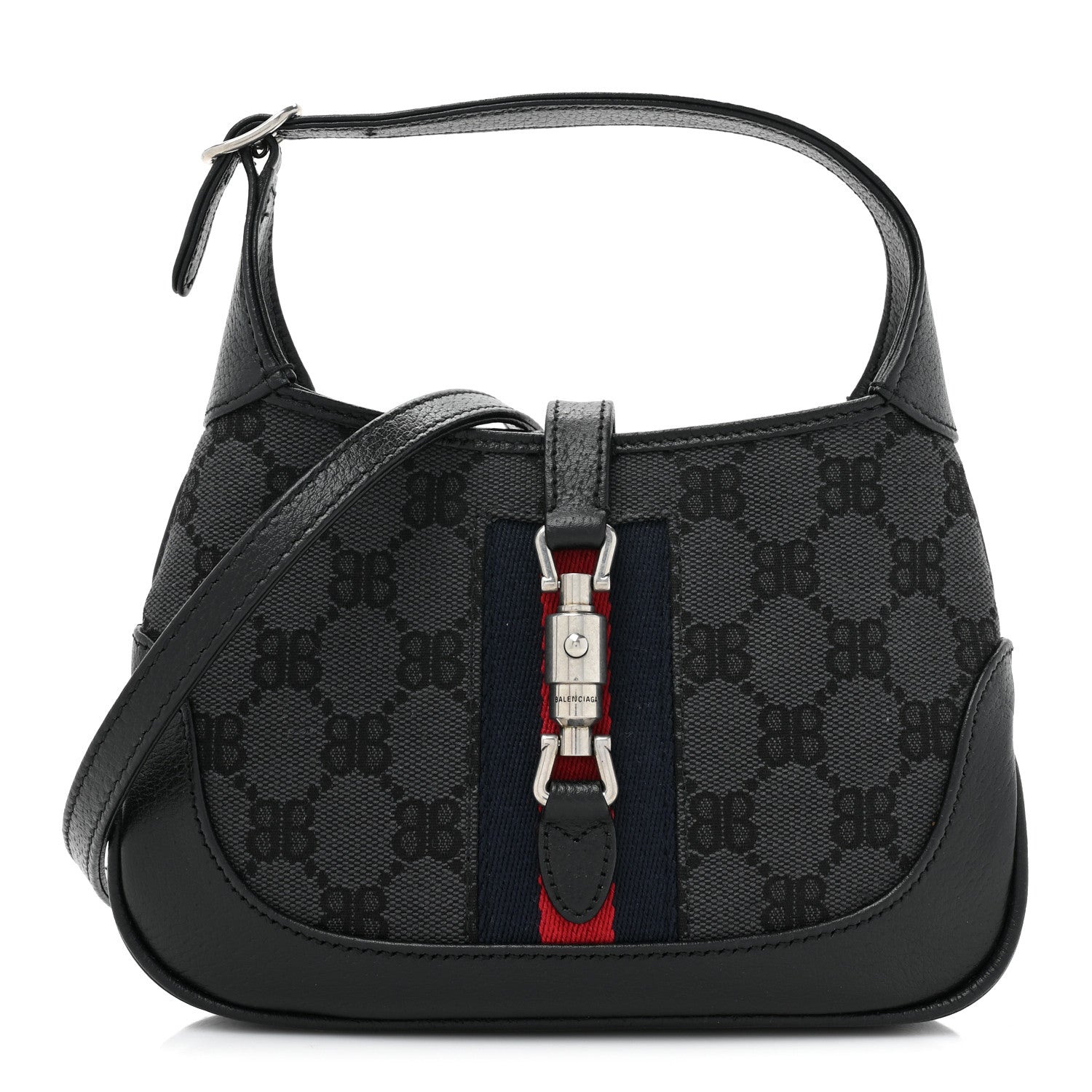 Gucci X BALENCIAGA BB Monogram Calfskin Web Mini Jackie 1961 Hobo Black 1 of 8