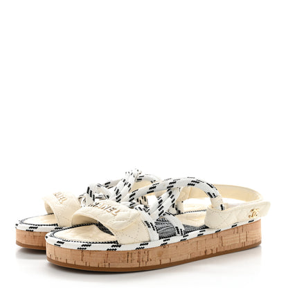 Chanel Cord Lambskin Quilted Logo Sandals 38 White Black 3 of 9