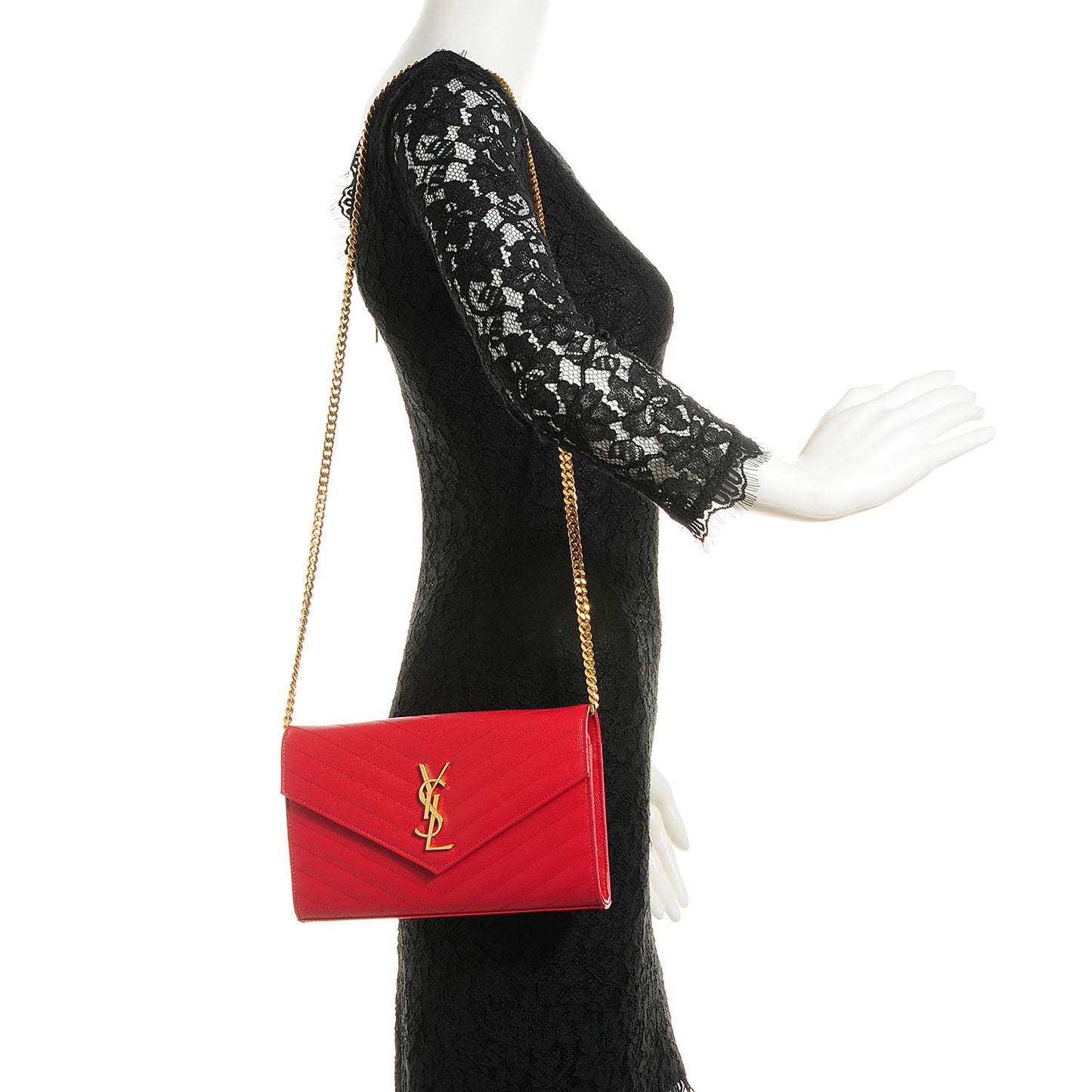 Grain De Poudre Matelasse Chevron Monogram Chain Wallet Red