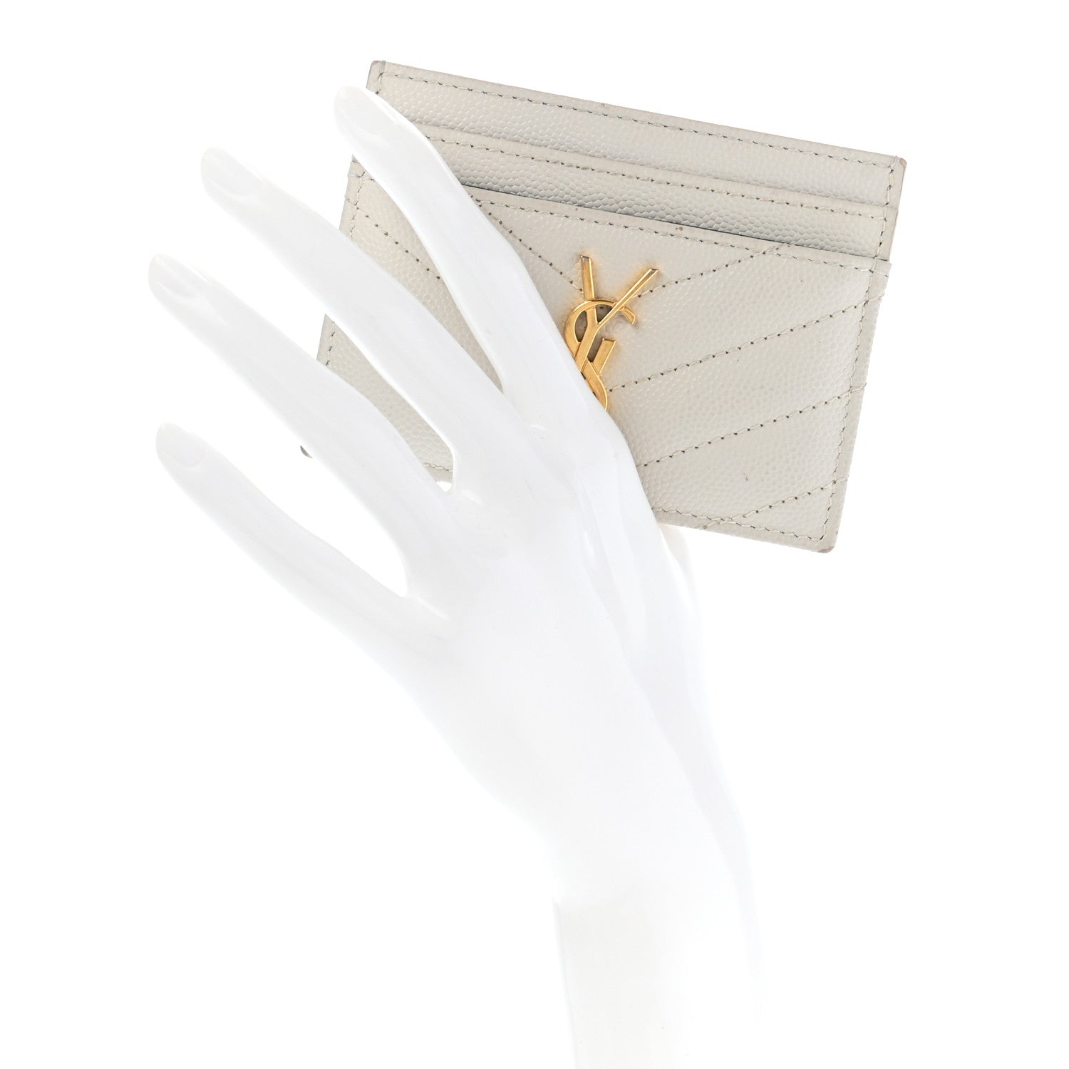 Saint Laurent Grain De Poudre Matelasse Chevron Monogram Credit Card Case Crema Soft 2 of 11
