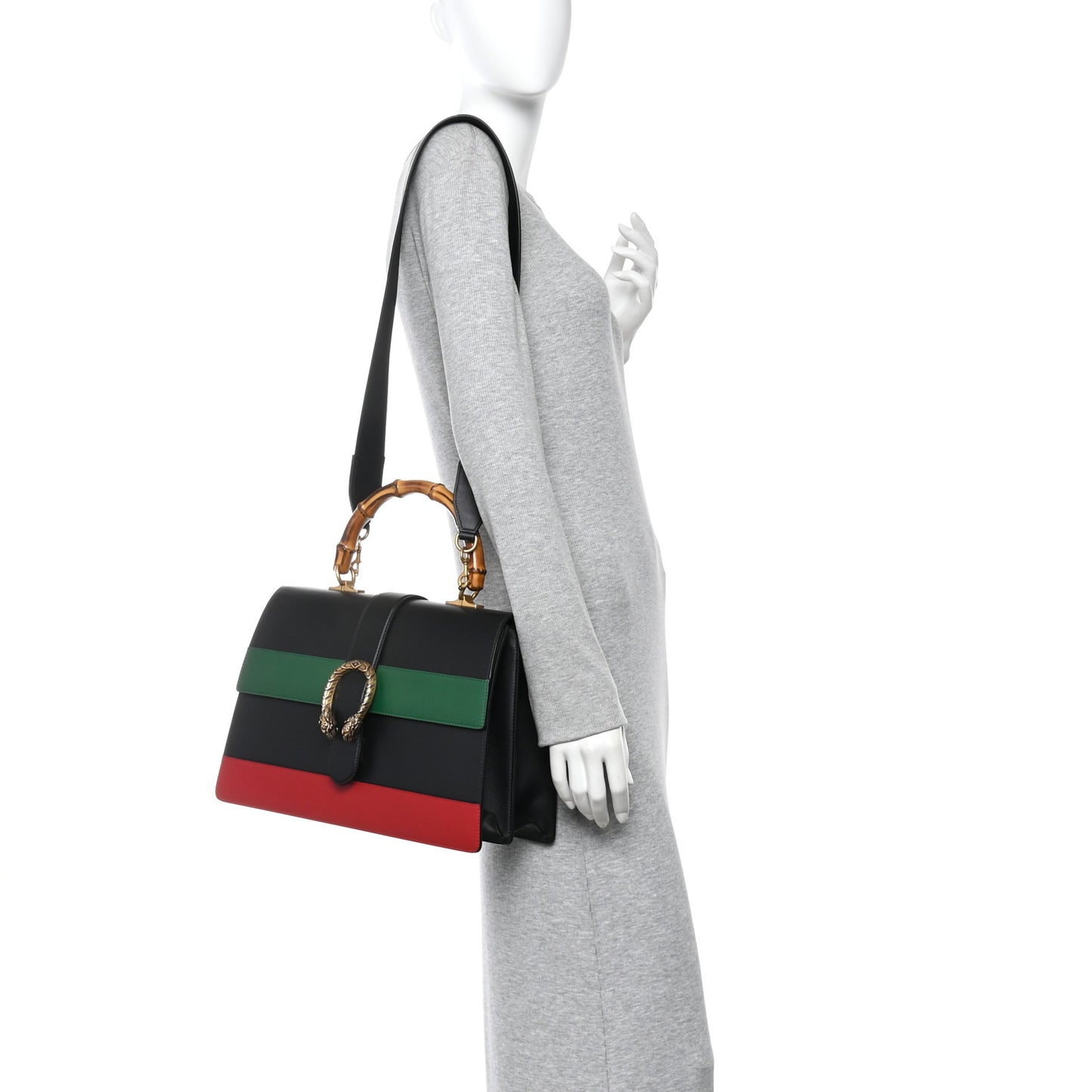 Calfskin Bamboo Web Large Dionysus Top Handle Bag Black Bright Evergreen Hibiscus Red