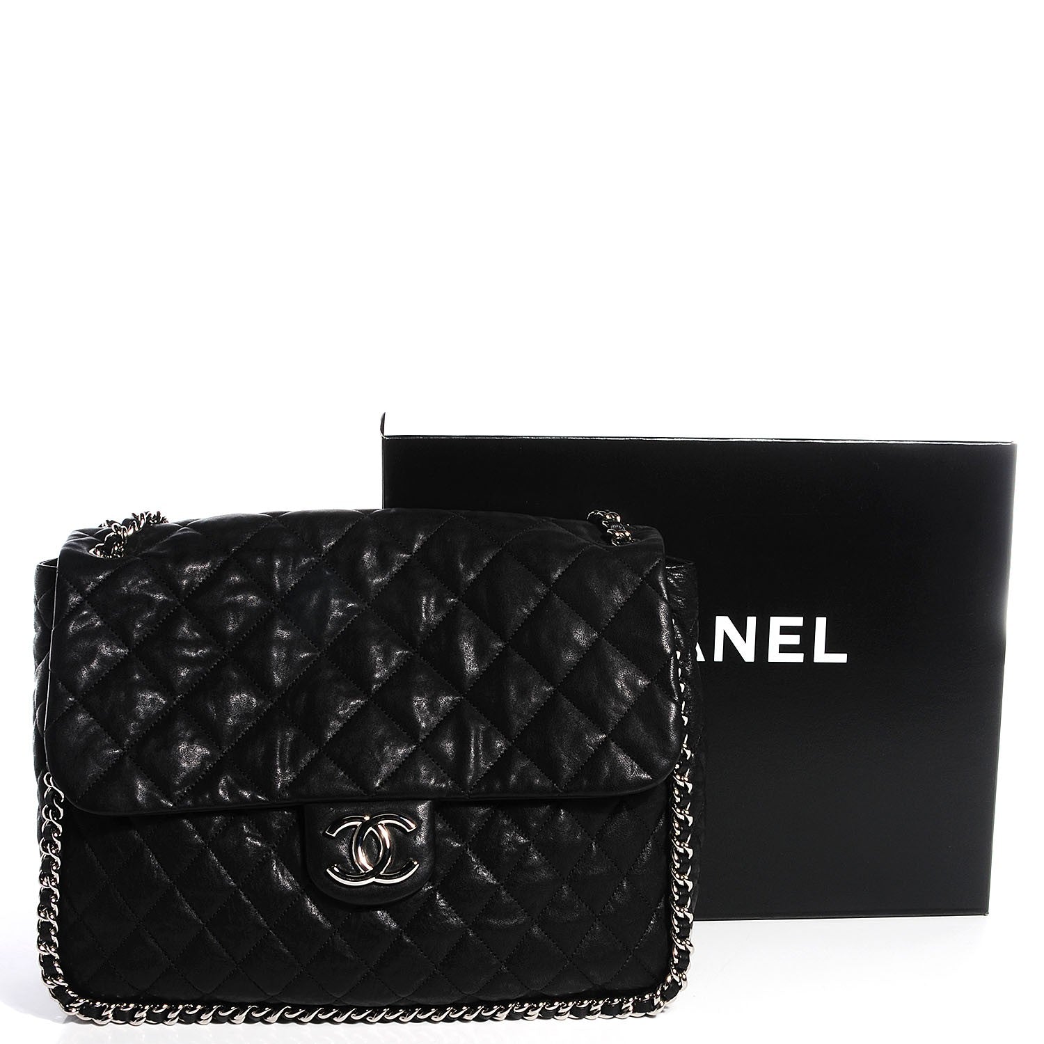 Chanel Crumpled Lambskin Chain Around Maxi Flap Bag Black 5 of 8