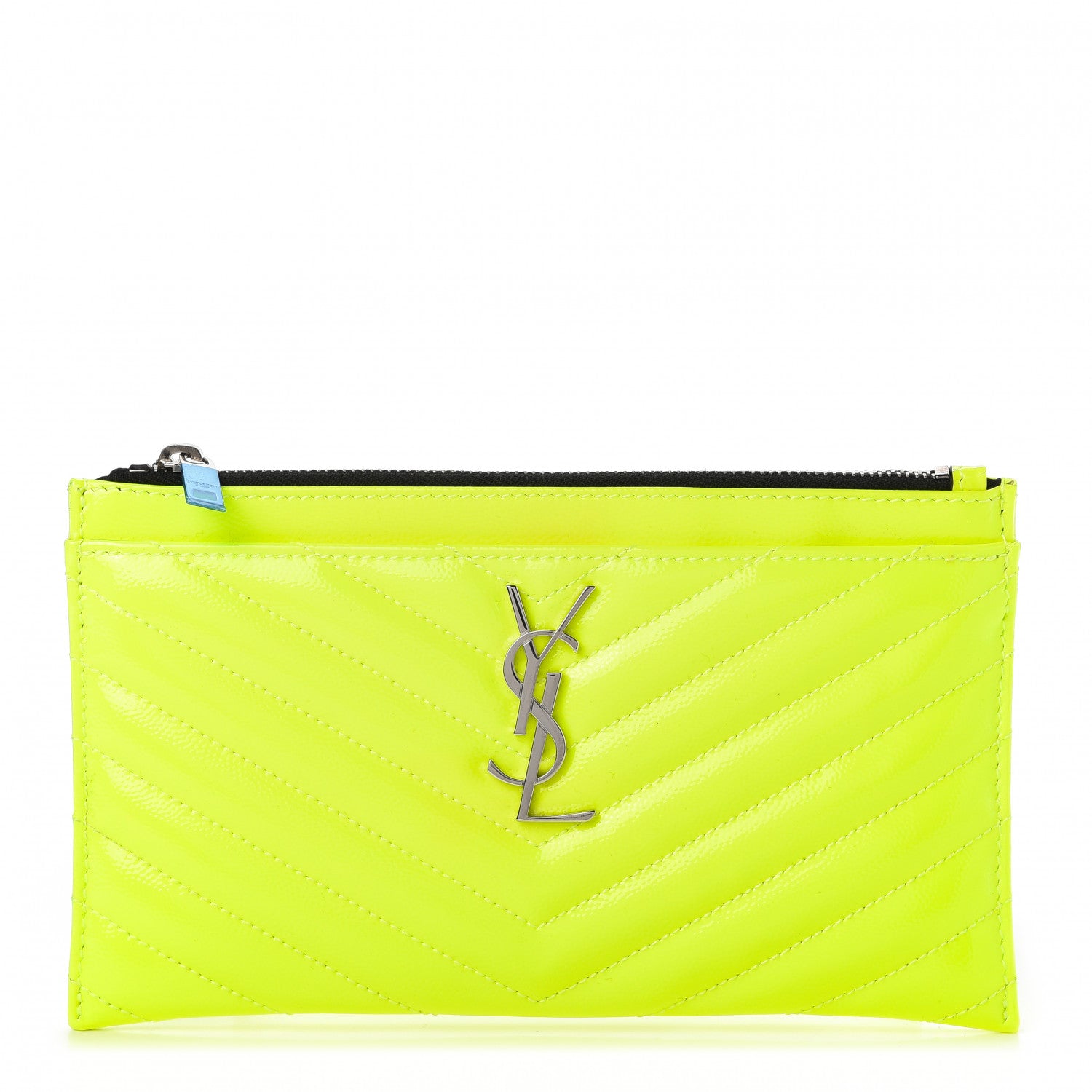 Saint Laurent Patent Grain De Poudre Matelasse Chevron Monogram Bill Pouch Neon Yellow 1 of 9