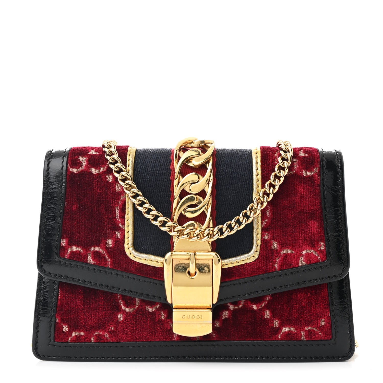 Gucci Velvet GG Monogram Super Mini Sylvie Chain Shoulder Bag Red Cipria Black 1 of 7