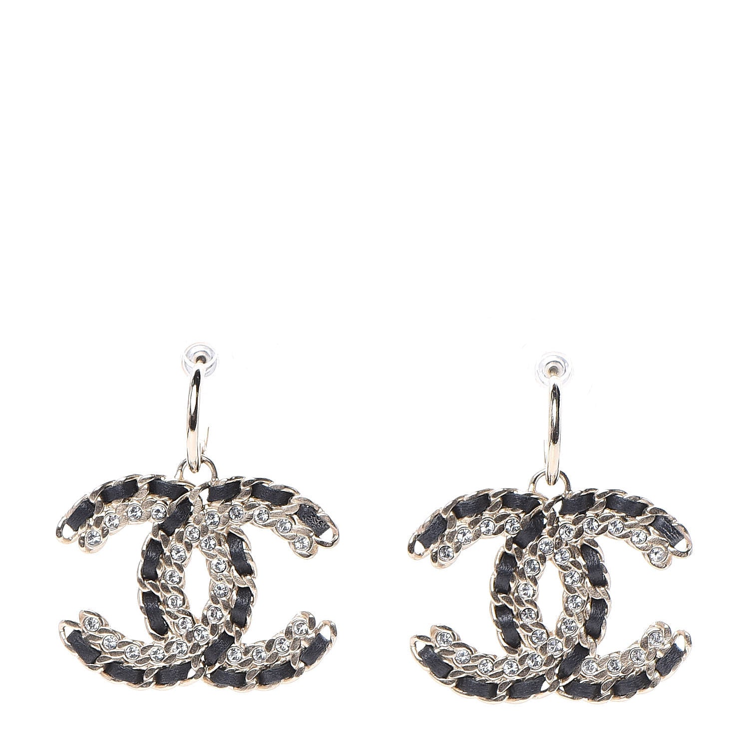 Chanel Crystal Lambskin Chain CC Vintage Allure Stud Earrings Black Gold 1 of 6