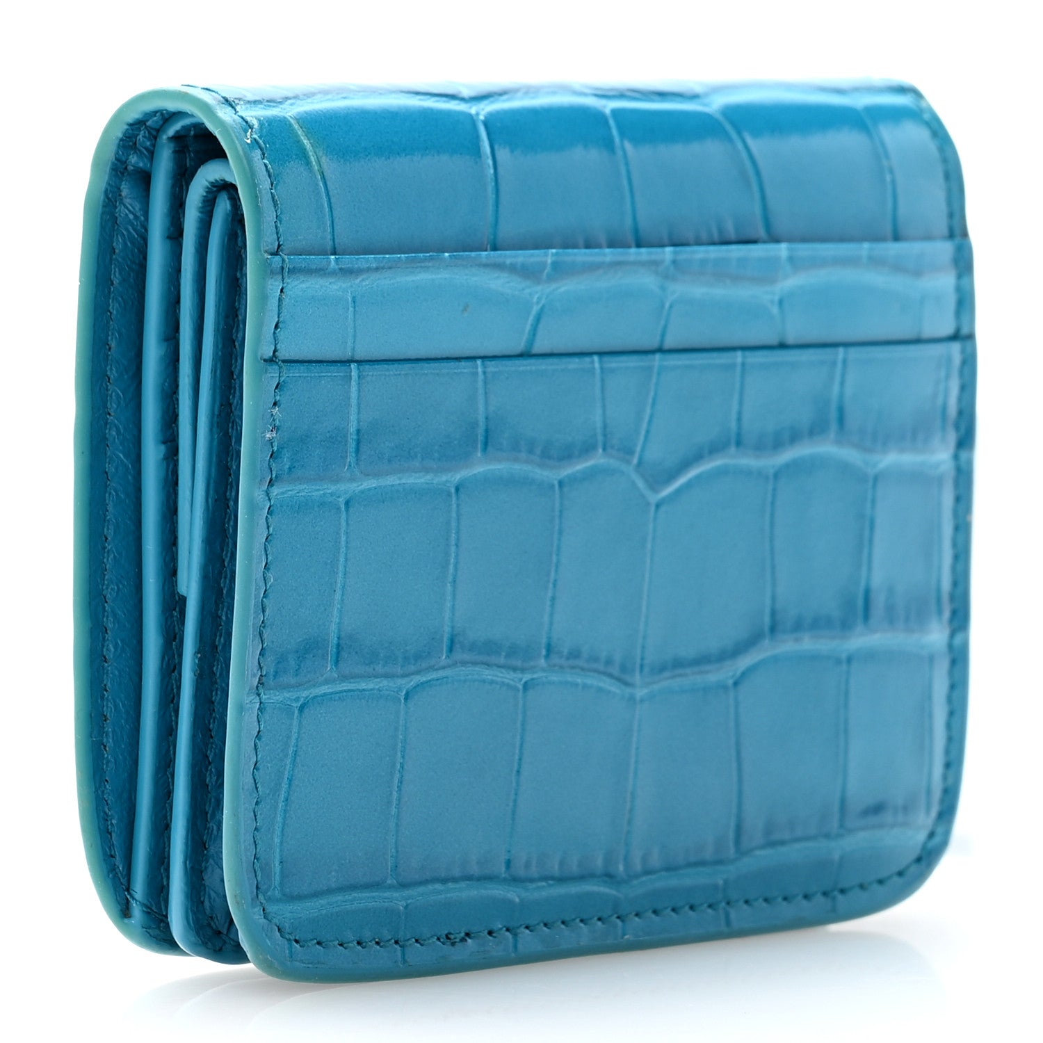 Balenciaga Shiny Calfskin Crocodile Embossed Cash Flap Coin Card Holder Blue 3 of 12
